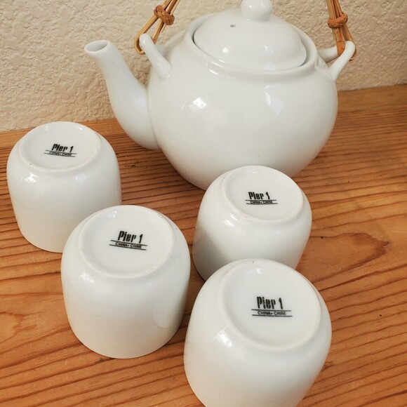 Pier 1 Imports Porcelain Tea Set White China Teapot & 4 Cups Classic Decor Asian - Picture 7 of 9